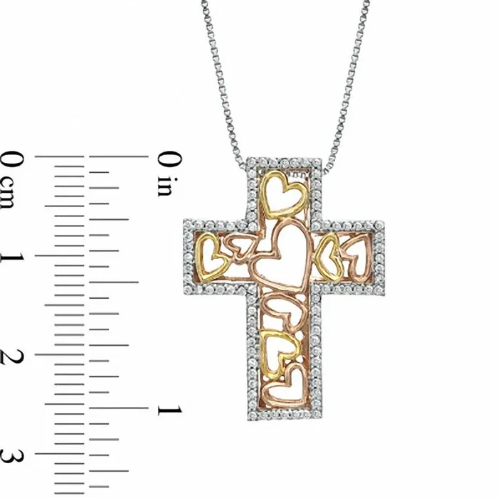 Goldia 02 CT TW Natural Diamond Cross Filled with Hearts Pendant in Sterling Silver and 14K TwoTone Gold Plate Necklaces