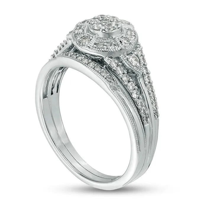 Goldia 050 CT TW Composite Natural Diamond Frame Antique VintageStyle Bridal Engagement Ring Set in Solid 10K White Gold Rings