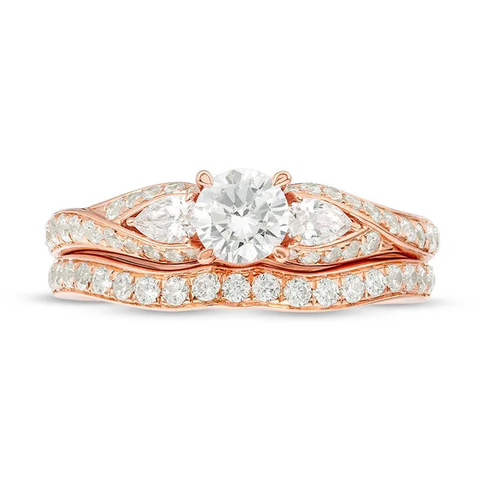 Goldia Rings 138 CT TW Natural Diamond Bypass Three Stone Bridal Engagement Ring Set in Solid 14K Rose Gold