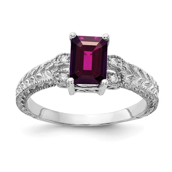 Rings 14k White Gold 7x5mm Emerald Cut Rhodolite Garnet AA Diamond ring Goldia