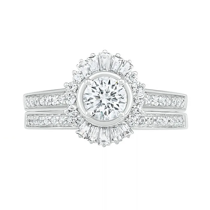 Rings Goldia 10 CT TW Baguette and Round Natural Diamond Sunburst Frame Bridal Engagement Ring Set in Solid 10K White Gold Rings Goldia 10 CT TW Baguette and Round Natural Diamond Sunburst Frame Bridal Engagement Ring Set in Solid 10K White Gold