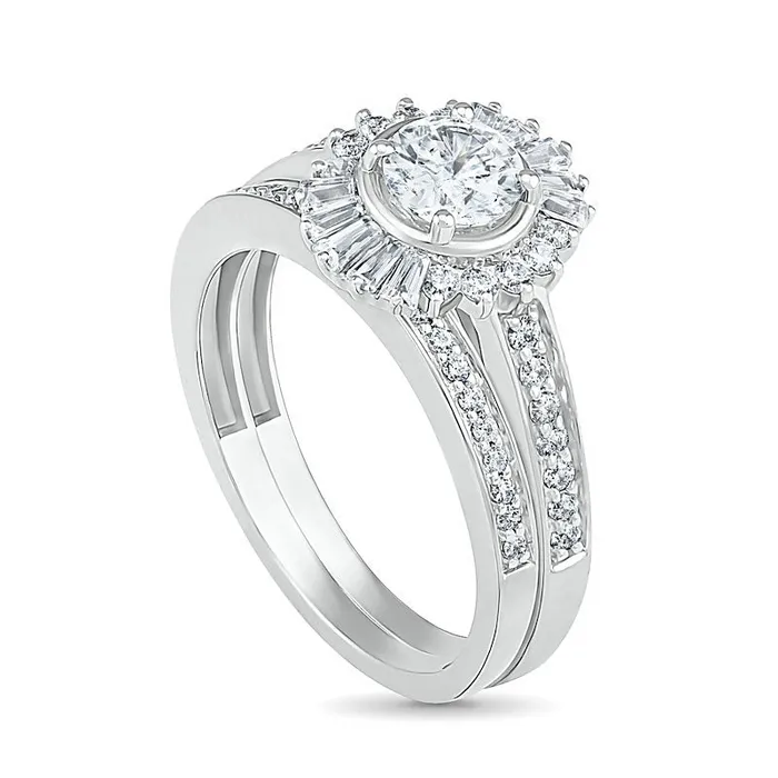 Rings Goldia 10 CT TW Baguette and Round Natural Diamond Sunburst Frame Bridal Engagement Ring Set in Solid 10K White Gold Rings Goldia 10 CT TW Baguette and Round Natural Diamond Sunburst Frame Bridal Engagement Ring Set in Solid 10K White Gold