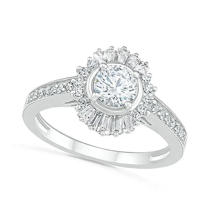 Rings Goldia 10 CT TW Baguette and Round Natural Diamond Sunburst Frame Bridal Engagement Ring Set in Solid 10K White Gold Rings Goldia 10 CT TW Baguette and Round Natural Diamond Sunburst Frame Bridal Engagement Ring Set in Solid 10K White Gold
