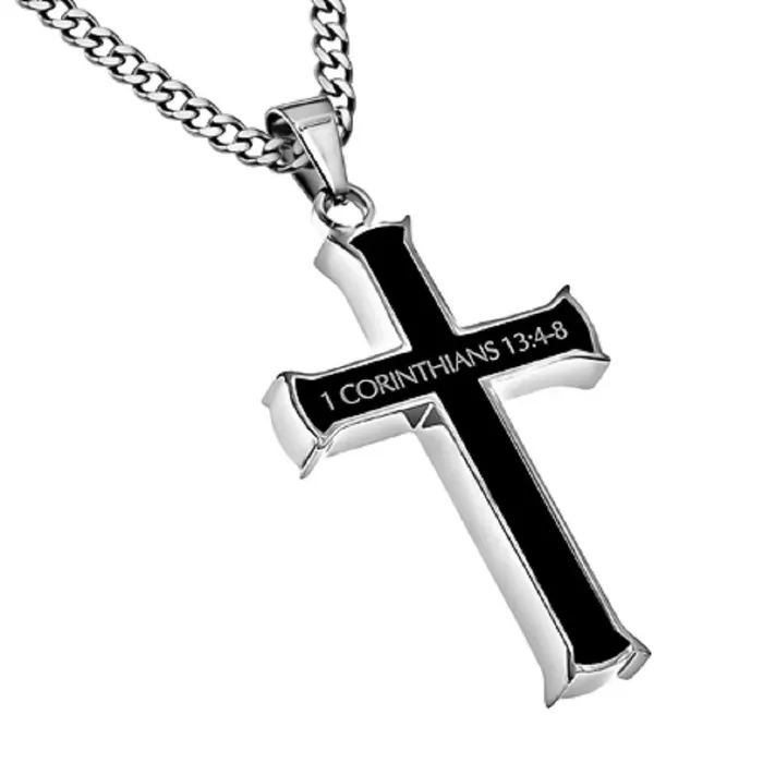 1 Corinthians 1348 Black Cross Necklace LOVE IS Bible Verse Stainless Steel Thick Chain North Arrow Shop Necklaces