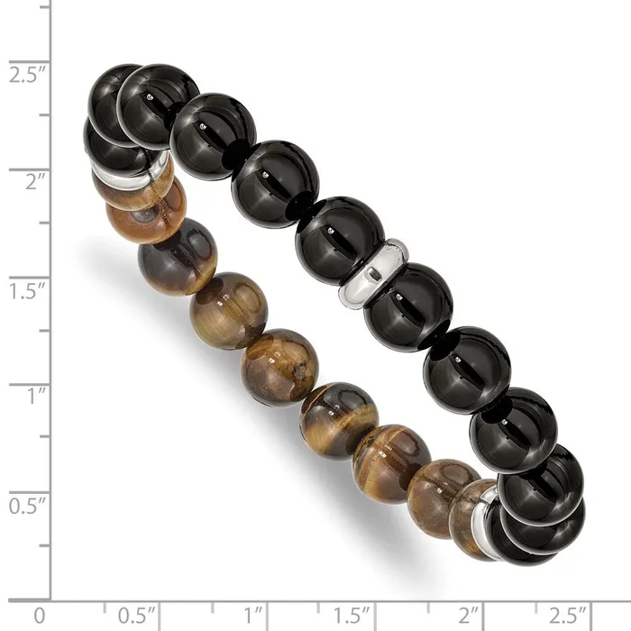 Bracelets TreasureFineJewelers Chisel Stainless Steel Polished 105mm Black Agate and Tigers Eye Beaded Stretch Bracelet