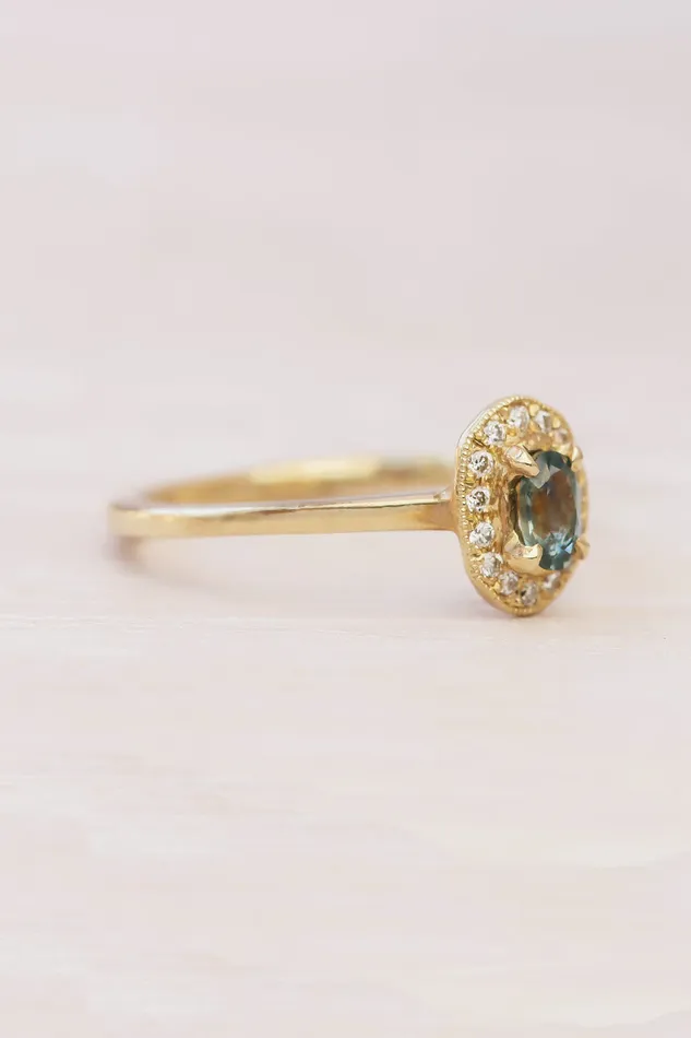 Lacee Alexandra Jewelry Rings Solid Gold Organic Sapphire Engagement Ring with EcoFriendly Diamond Halo