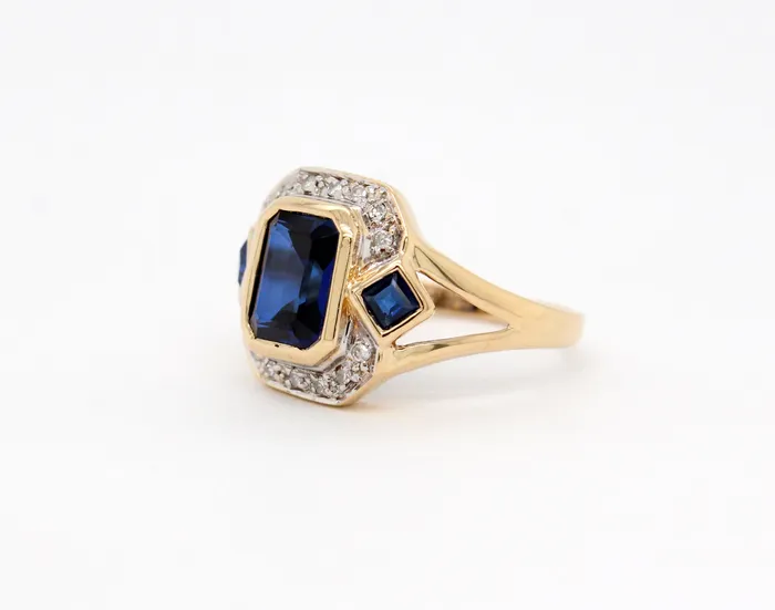 Estate 14KY 269 Cttw Synthetic Sapphire and 12 Cttw Diamond Ring FULLERS PURCHASE FROM PUBLIC Rings Estate 14KY 269 Cttw Synthetic Sapphire and 12 Cttw Diamond Ring FULLERS PURCHASE FROM PUBLIC Rings