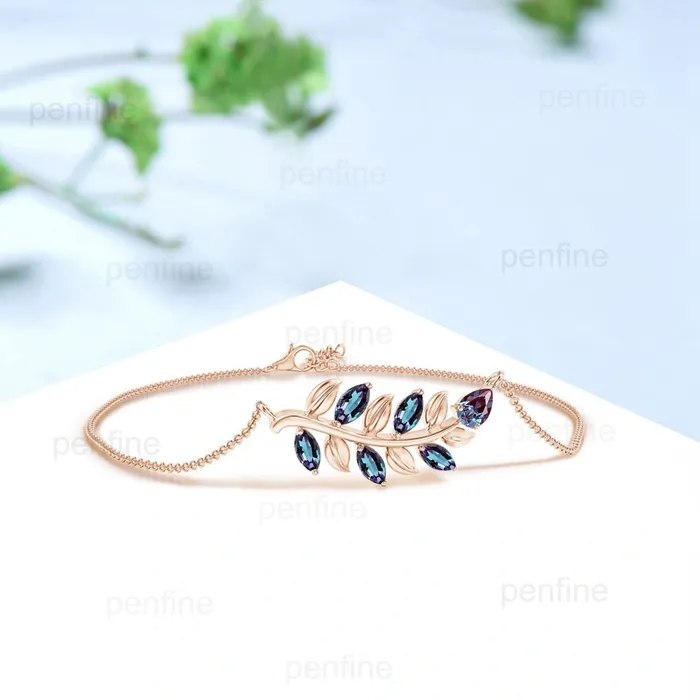 PENFINE Bracelets Minimalist marquise cut alexandrite bracelet leaves branch nature inspired color change dainty bracelet Vintage Stackable Bracelet For Women