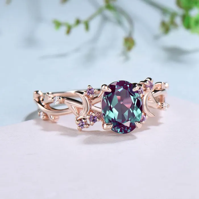 PENFINE Rings 15CT Oval Cut Alexandrite Ring Twig Branch Color Change Moon Engagement Ring Vintage Unique Cluster Amethyst Wedding Ring Gift For Women PENFINE Rings 15CT Oval Cut Alexandrite Ring Twig Branch Color Change Moon Engagement Ring Vintage Unique Cluster Amethyst Wedding Ring Gift For Women