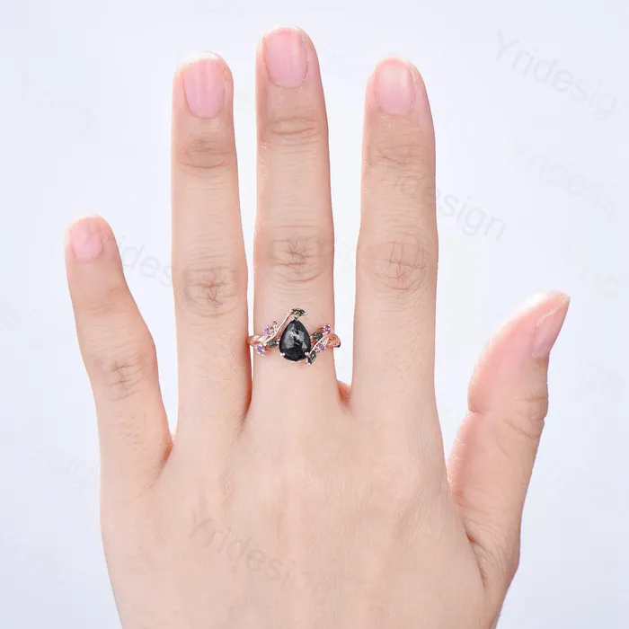 PENFINE Rings Natural inspired Flower Salt And Pepper Diamond Ring Twig Vine Pear Shaped Engagement Ring Leaf Amethyst marquise moss agate Wedding Ring