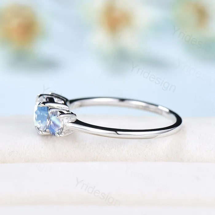 PENFINE Rings Three Stone Aquamarine Ring Dainty Moonstone Aquamarine Engagement Ring Gold Wedding Ring For Women Antique Anniversary promise ring for her PENFINE Rings Three Stone Aquamarine Ring Dainty Moonstone Aquamarine Engagement Ring Gold Wedding Ring For Women Antique Anniversary promise ring for her