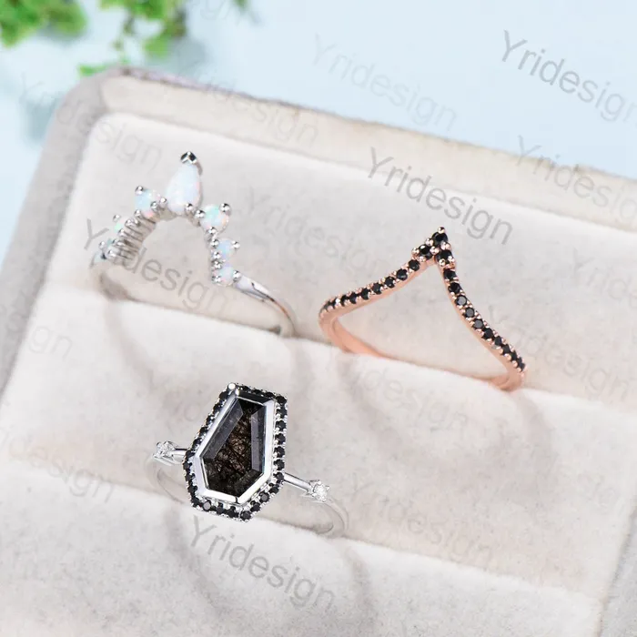 PENFINE Rings Vintage coffin shaped black rutilated quartz ring set unique black stone engagement ring halo spinel wedding ring set her anniversary gift PENFINE Rings Vintage coffin shaped black rutilated quartz ring set unique black stone engagement ring halo spinel wedding ring set her anniversary gift