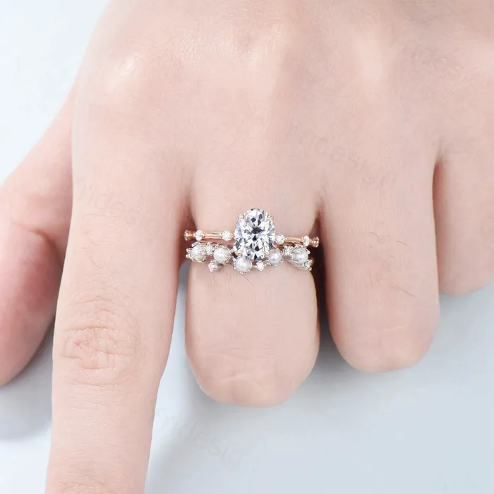 Rings Dainty Oval Moissanite Engagement Ring Set Vinatge Minimalist Moissanite Diamond Wedding Ring Set Vintage Unique Pearl Stacking Band for her PENFINE Rings Dainty Oval Moissanite Engagement Ring Set Vinatge Minimalist Moissanite Diamond Wedding Ring Set Vintage Unique Pearl Stacking Band for her PENFINE
