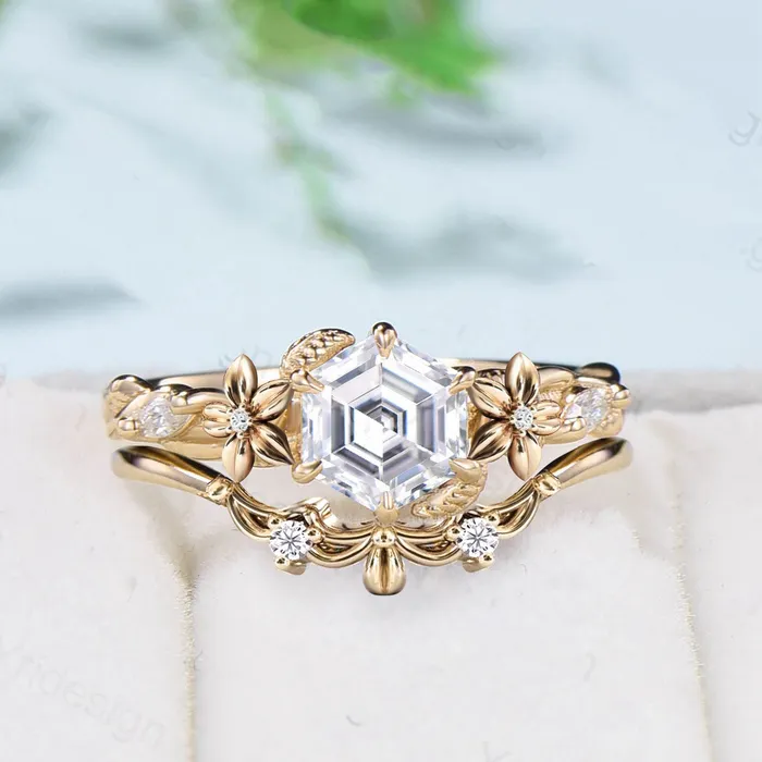 Rings PENFINE Flower moissanite engagement ring set Nature Inspired hexagon moissanite wedding ring for women vintage cluster leaf bridal ring set gift Rings PENFINE Flower moissanite engagement ring set Nature Inspired hexagon moissanite wedding ring for women vintage cluster leaf bridal ring set gift
