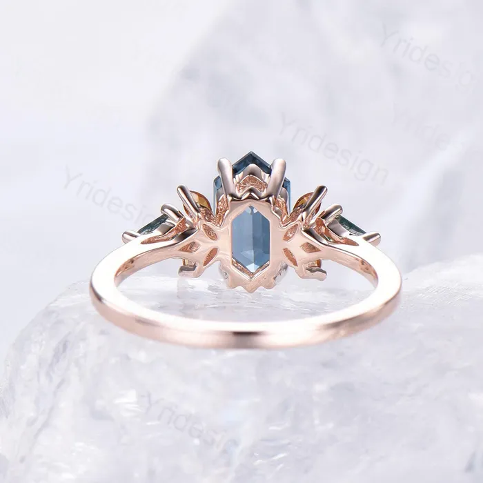 Rings Unique long hexagon natural moss agate engagement ring vintage cluster marquise citrine kite green agate wedding ring anniversary gift women PENFINE