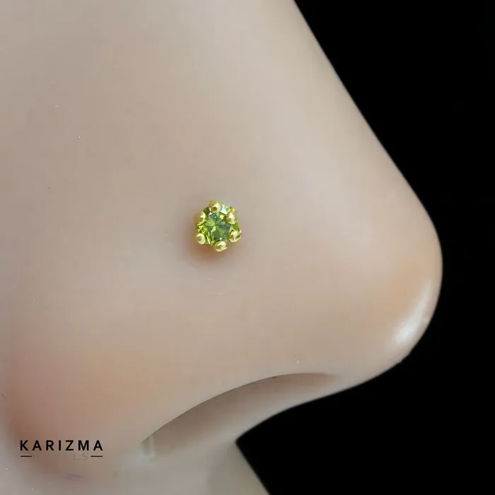 Tiny 14K Real Gold Indian Women Green CZ Nose stud nose ring Push Pin Karizma Jewels Rings